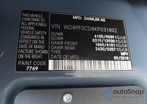 2019 Mercedes-Benz Sprinter 2500 Standard Roof V6 z USA, uszkodzony, nr VIN WD4PF0CD8KP031802